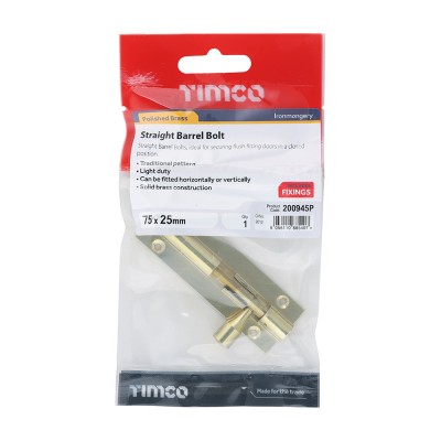 Str. Barrel Bolt Pol. Brass